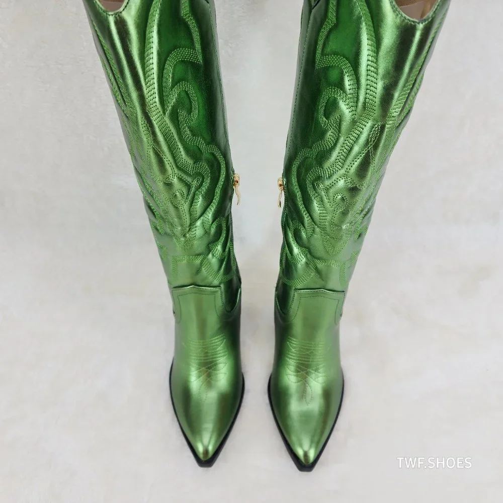 Electric Cowboy Brush Metallic Matte Western Knee High Cowgirl Boots Green - Picture 7 of 11